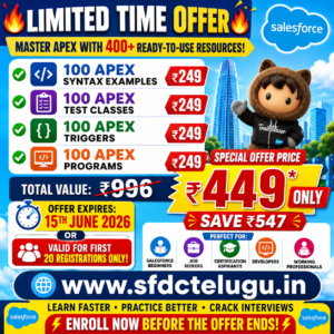 Salesforce Apex Mega Pack – 100 Apex Syntaxes + 100 Test Classes + 100 Triggers + 100 Programs (400+ Examples)